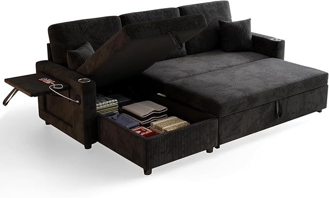 L-Shape Sleeper Sofa with Pull-Out Couch Bed Storage &amp Ports Cup Holders Side Pockets &amp Side Table for Living Room Apartment Jet Black