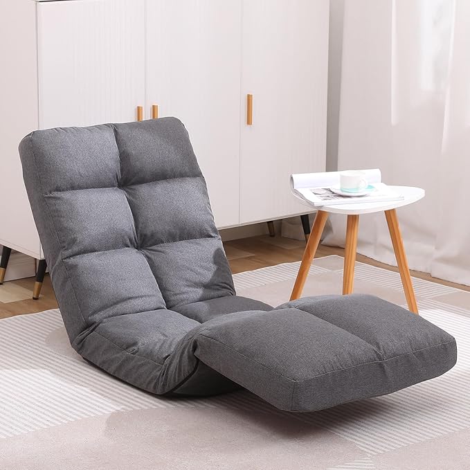 Floor Recliner with Adjustable Footrest - 14-Position Backrest &amp 5-Level Footrest for Ultimate Relaxation Foldable Linen Chaise Lounge Chair for Living Room (Grey)