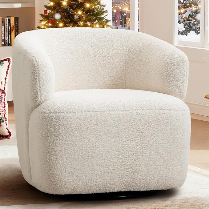 Swivel Accent Chair Upholstered Fabric Barrel Chair Boucle Round Boucle Armchair for Living Room Bedroom Beige Cream White