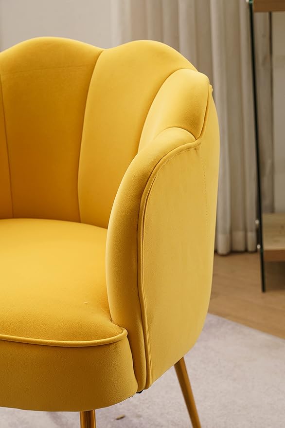 Shell Shape Velvet Fabric Armchair Accent Chair with Gold Legs for Living Room BedroomYellow