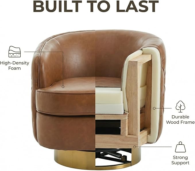 Brown Leather Barrel Swivel Chair Modern PU Accent Chair 360° Rotating with Tufted Back for Living Room Bedroom Office with Removable Cushion Mid-Century Modern Club Seating