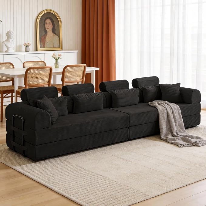 KEIKI 106 4Seat Modular Sectional Corduroy Sofa Couch for Urban Loft Bedroom Studio Family Friendly Urban Professionals Luxurious Elegant Sophisticated Refined Design Quality Design Black