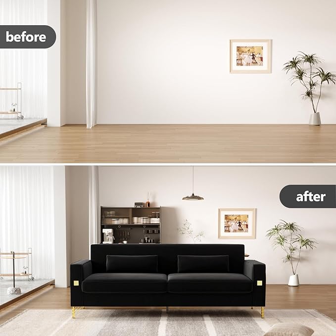 85.63'' Mid-Century Modern Black Velvet Sofa Couch with Metal Gold Legs 3 Seater Tufted Loveseat Couches with 2 Lumbar Pillows for Living Room and Apartment