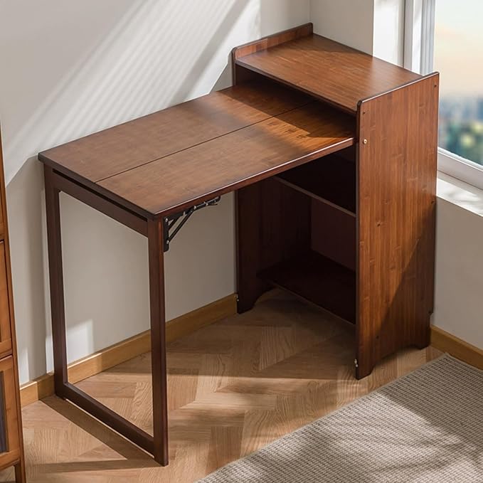 Bamboo Folding Desk with Bookshelf Fold-Out Convertible Writing Table Home Office Desk Storage Cabinet Vanity Table Compact Computer Workstation for Bedroom Living Room Kitchen Office