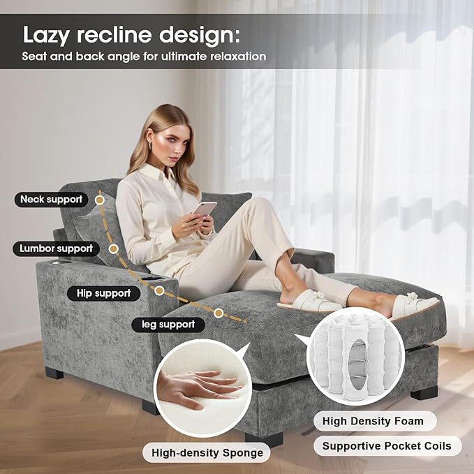 41 Inches Chaise Lounge Indoor Comfy Reading Chair with 2 PillowsUSB Charger Cup Holder Adjustable Backrest Sofa Bed Lazy Chair Sleeper Couch for Apartment Grey Polyester