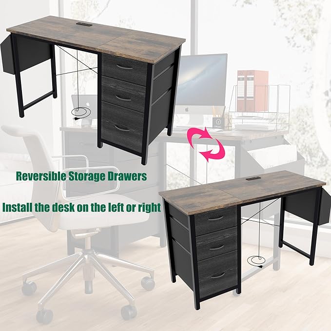 47.3 Office Desk with Power Outlet3drawers and Side Pocket Easy to Assemblee Stability Reversible for Home Office StudyRustic Brown