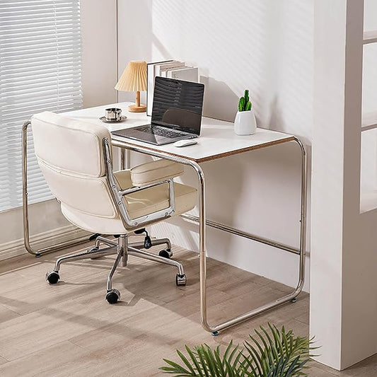 SUBVERS Modern Simple Computer Desk with Stainless Steel Table Stand Sturdy Writing Desk Makeup Workstation for Home Office Easy to Assemble(130x65x75cm(51x25x29in) White)