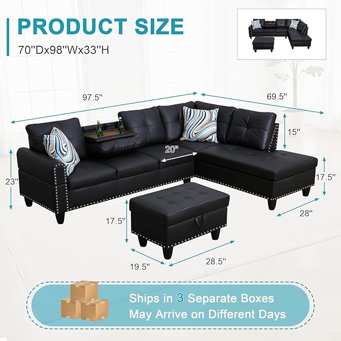103.5 Inch Black Leather Sofa L Shaped Leather Couch Modern Modular Couch for Living Room and Office Furniture