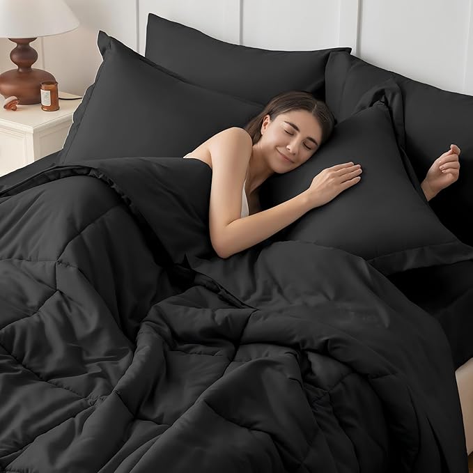 JOLLYVOGUE Oversized King Comforter Set Ultra-Soft Bed in a Bag Oversized King Size 7 Pieces Oeko-TEX Certified Bedding Set with Down Alternative Comforter Sheets Pillowcases &amp Shams Black