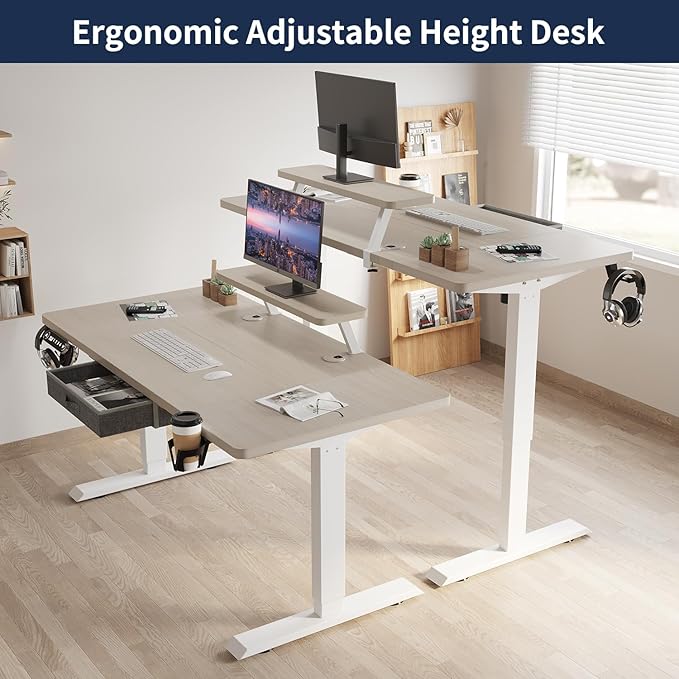 Electric Standing Desk with Drawer 55x30 Inches Height Adjustable Sit Stand Up Desk with Storage Shelf Home Office Desk Computer Workstation with White Pearwood Top/White Frame