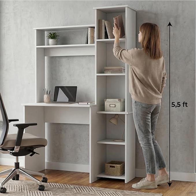 Tuhome Versalles Writing Desk with Two Superior Shelves Five Side Open Storage Compartments Space-Saving Modern Workstation Design for Studios and Offices Ideal for Organization Books