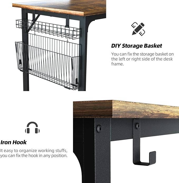 ASTARTH Study Computer Desk-40 Inch Home Office Desk Wood Storage Table Modern Writing Style Laptop Table Black Metal Frame PC Table with Storage Basket and Headphone Hooks Rustic Brown
