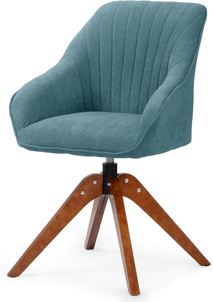 Athena Collection Swivel Modern Accent Chair Linen Upholstered Armchair Office Desk Chair No Wheels with Wooden Legs Comfy Vanity Chair Reading Chair for Bedroom Living Room Office Sky Blue