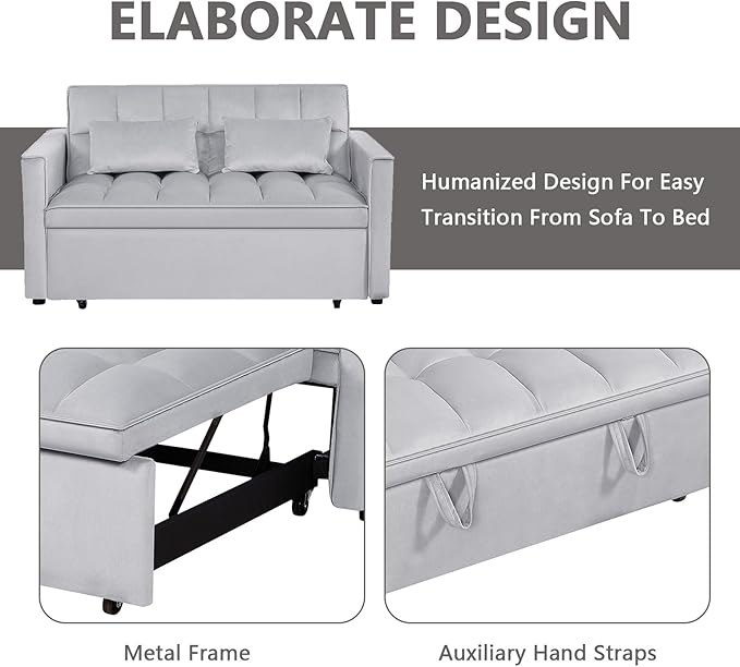 54 Convertible Sofa Bed Velvet Sleeper Sofa with Pull-Out Bed 3-in-1 Futon Couch with Reclining Backrest and Side Pocket Modern Loveseat for Living Room (Silver Grey)