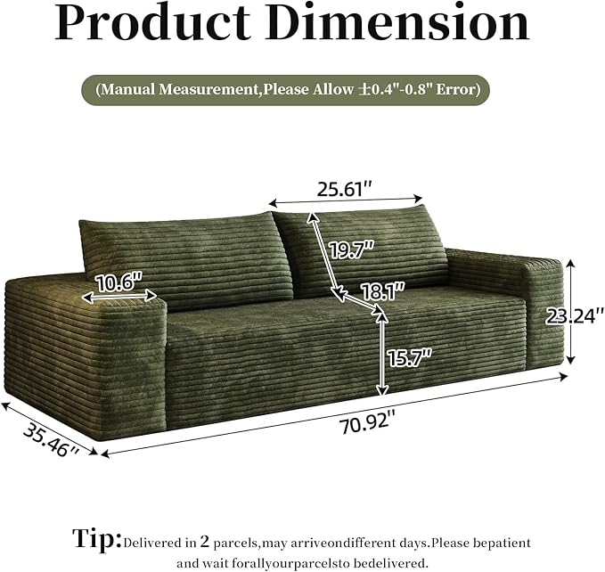 71 Cloud Loveseat Boneless Sofa Couch in a Box Green 3 Seater Foam Compression for Small CouchesApartmentLiving Room Bedroom Meeting Room ApartmentDorm No Assembly Required