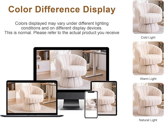 Mid Century Modern 360 Degree Barrel Swivel Accent Sofa ChairFluffy Velvet Fabric Lounge Wide Upholstered Pumpkin Reading Chair Round Cloud Armchair for Living RoomBedroomVanity(Beige)