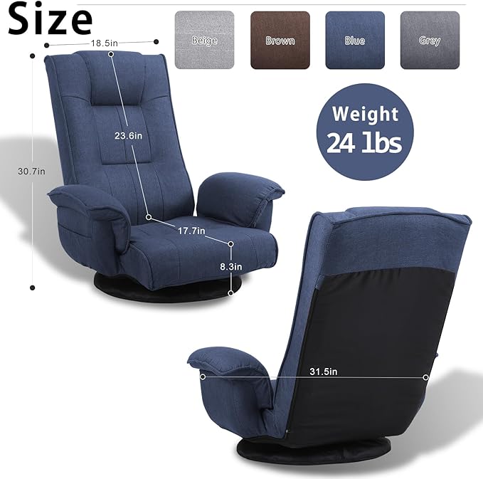 FLOGUOR 360 Degree Swivle Adjustable Floor Chair Chaise Lounge Indoor Folding Lazy Sofa with Armrests and Side Pocket Adults Gaming Chairs for Living Room Bedroom Factory Price 201 (BL)