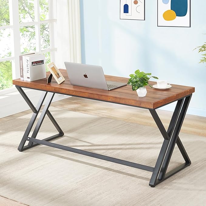 Real Wood Computer Desk Home Office Solid Wood Writing Desk Farmhouse Long Natural Wood Executive Work Desk Industrial Rustic Wooden Metal PC Gaming Office Table Workstation Brown 60 in