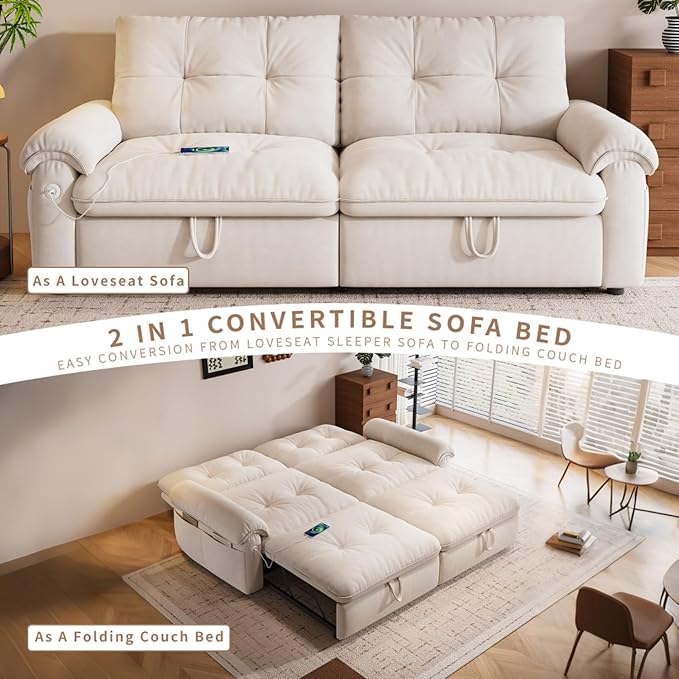 77.2'' Multifunctional Loveseat Sleeper Sofa Couch with Pull-Out Bed 3-in-1 Modern Velvet Convertible Sofa Bed with USB and Side Pockets Easy Assembly Living Room Apartment Beige