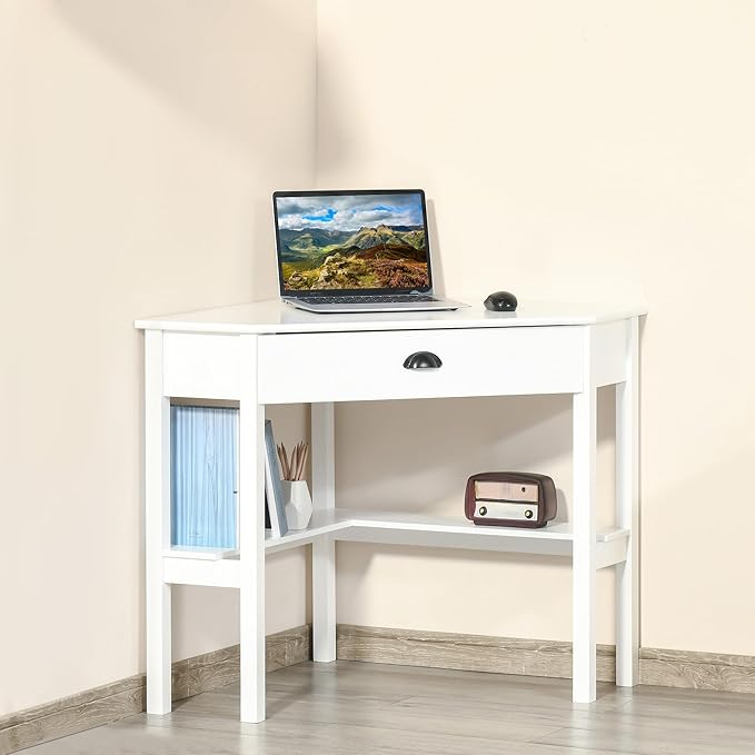 Corner Desk Triangle Computer Desk with Drawer and Storage Shelves for Small Spaces Home Office Workstation for Living Room or Bedroom White