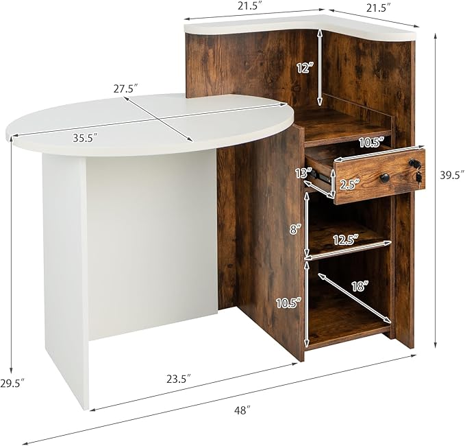 Reception Desk Small Retail Checkout Counter with Lockable Drawer and Open Shelves Wooden Front Desk Reception Counter Oval Desktop &amp L Counter for Store Office Lobby Salon (Brown)