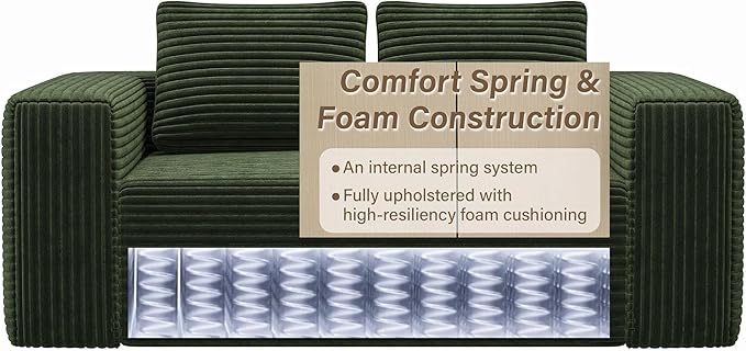 63 2 Seater Boneless Sofa Cloud Loveseat Sofa in A Box for Living Room Corduroy Couch Memory Foam Couch No Assembly Needed Floor Sofa Lounge for Living Room Bedroom Green