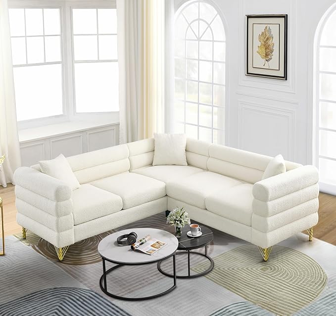 Comfy Boucle L Shaped Sofa 81.5 Oversized Sectional Couch with Deep Seated Design Upholstered Corner Sofa Couch with 3 Pillows Modern Couches for Living Room Apartment Waiting Room White Teddy