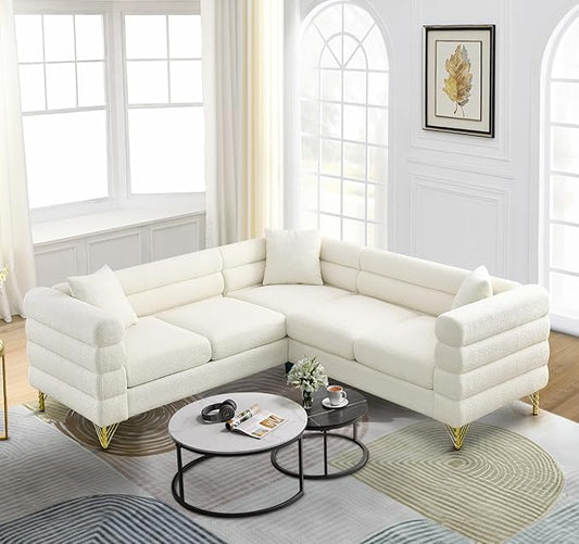 Comfy Boucle L Shaped Sofa 81.5 Oversized Sectional Couch with Deep Seated Design Upholstered Corner Sofa Couch with 3 Pillows Modern Couches for Living Room Apartment Waiting Room White Teddy