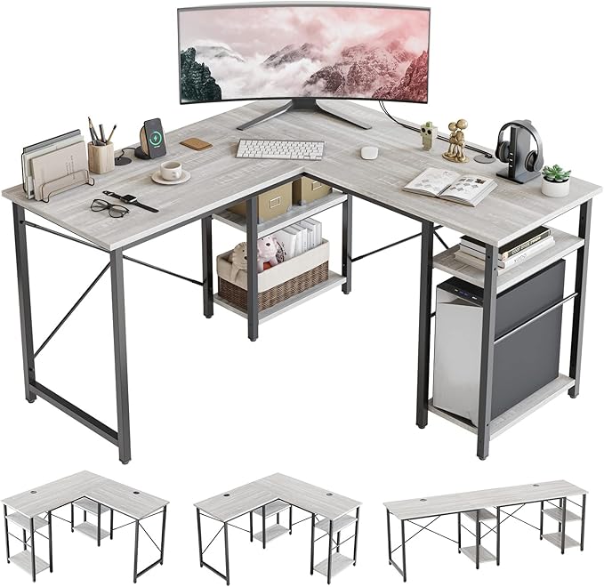 Bestier L Shaped Desk with Shelves 75 Inch Reversible Corner Computer Desk or 2 Person Long Table Writing Study Desk for Home Office Small Space Bedroom Apartment Wash White