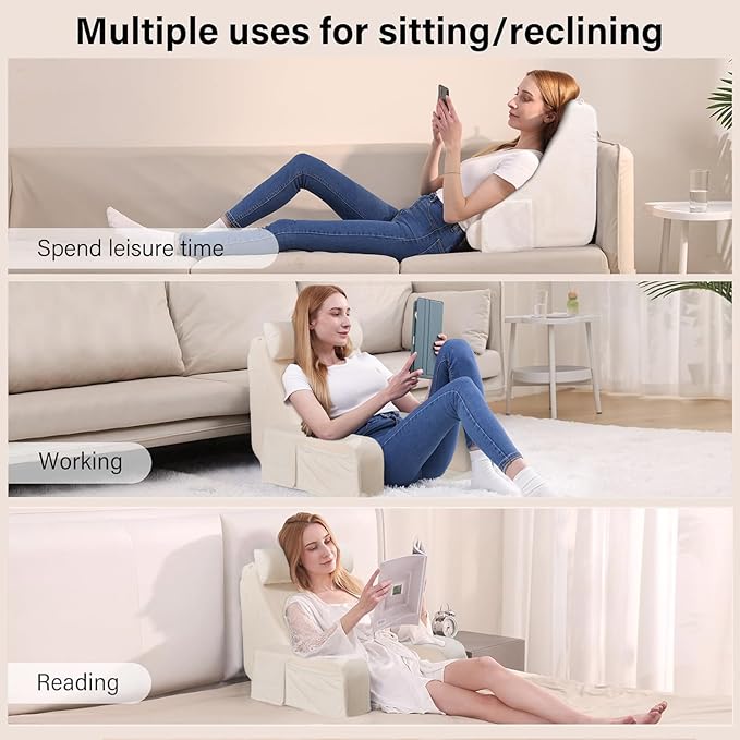 ENITYA 19 Back Pillow for Bed Sitting up Big Pockets and Washable Removable Cover Reading Chair for Watching TV/Reading/Gaming/Resting in Bed Couch or Floor Medium(Ivory)