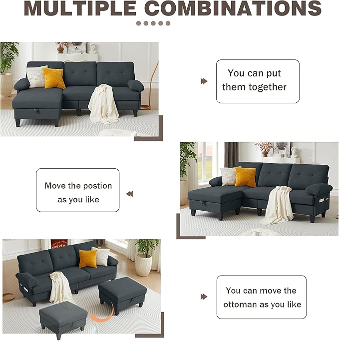 Sectional Sofa for Living Room 84 Small L Shaped 3 Seater Couch with Reversible Chaise Polyster Fabre for Apartment Small Space Dark Grey