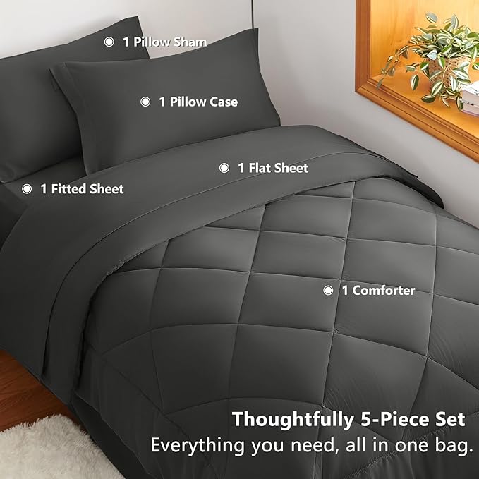CozyLux Twin XL Comforter Set Dark Grey - 5 Pieces Twin Extra Long Bed in a Bag for College Dorm All Season Bedding Set for Girls and Boys Soft Bed Set with Comforter Sheets Pillowcase &amp Sham