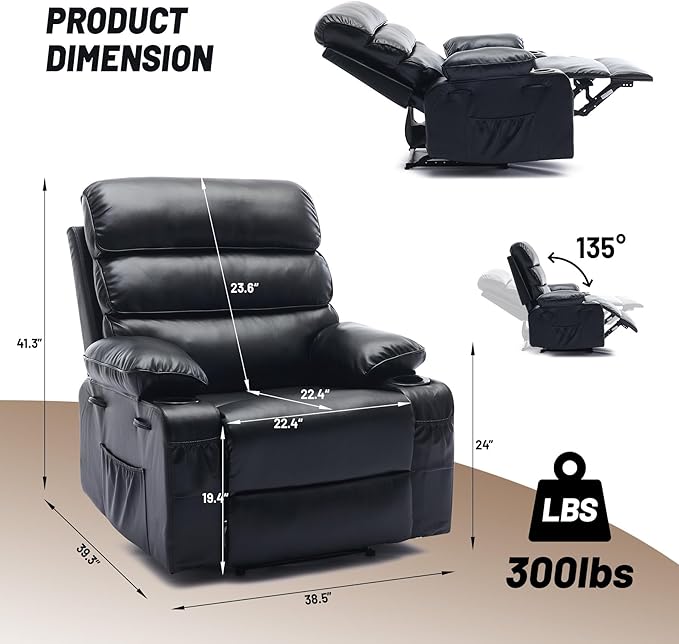 PU Leather Recliner Chair with Heat &amp 8-Point Massage Extra Wide Manual Recliner for Adults q235 Steel Frame Side Pockets 1.5X Comfort Arm &amp Back Lazy Boy Sofa for Living Room or Bedroom