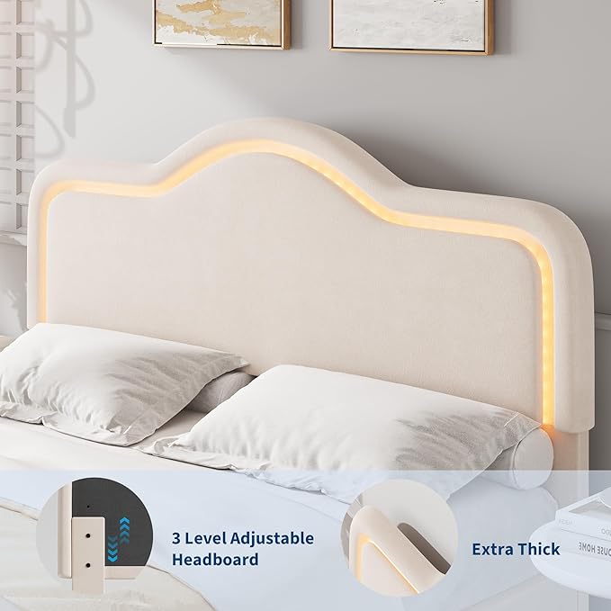 IDEALHOUSE Full Size Bed Frame with LED Lights Velvet Upholstered Platform Bed with Adjustable Headboard for Kids/Girls Wooden Slats Support No Box Spring Needed Beige