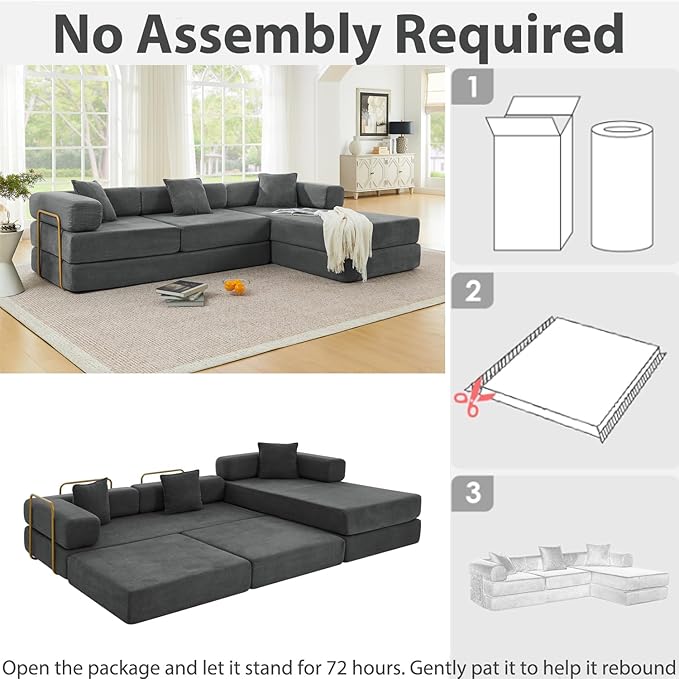 HANXIN 108 Modular Sectional Sofa Futon Convertible Sofa BedOversized Corduroy Boneless Couch for Living RoomFloor Loveseat Sleeper with Pull Out BedFree CombinationNo Assembly Required (Grey)