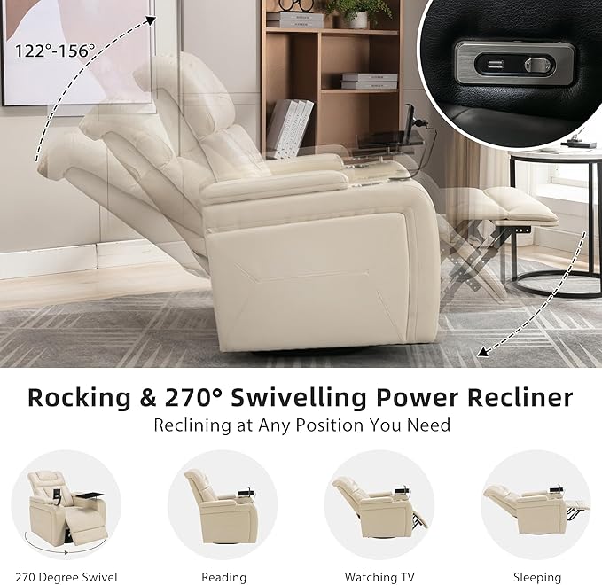 Beige Power Recliner Chair with Cupholders &amp Storage - Armchair Electric Reclining with USB Port 360° Swivel Tray Table Cell Phone Stand Ambient Lighting Leather Living Room Chair for Home The