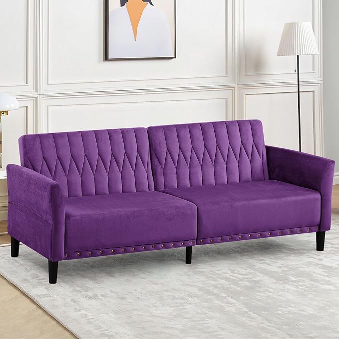 77” Velvet Sofa Bed with Adjustable Armrests and BackrestsTufted Convertible Futon Couch Loveseat Modern Velvet Sleeper Sofa for Living RoomBedroomOfficePurpel