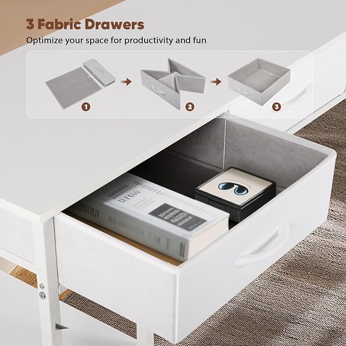 FAHKNS 47 Inch Computer Desk with 3 Fabric Drawers Small Computer Table with 4 Storage Shelves Minimalist Style Home Office Desk for Working Studying and Writing White