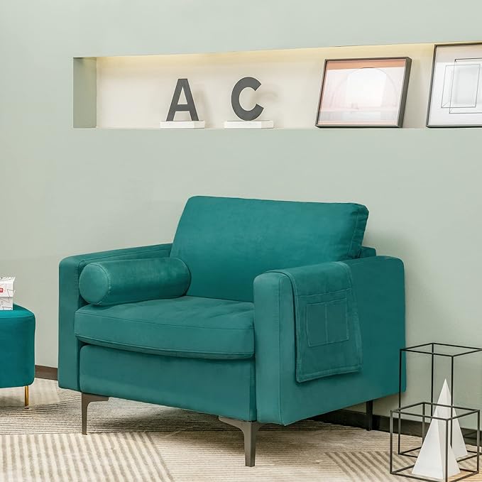 Giantex Single Sofa Accent Chair Armchair w/Comfy Cushion Bolster Armrest Magazine Caddy Pockets Living Room Upholstered Leisure Chair for Bedroom Reception Room Blue