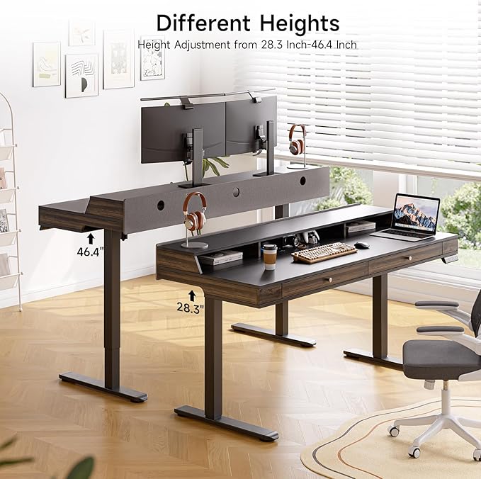 ONBRILL Modern Standing Desk with Storage 63x23.6 Inch Electric Adjustable Height Desk with 2 Drawers 3 Open Storage Zones Black