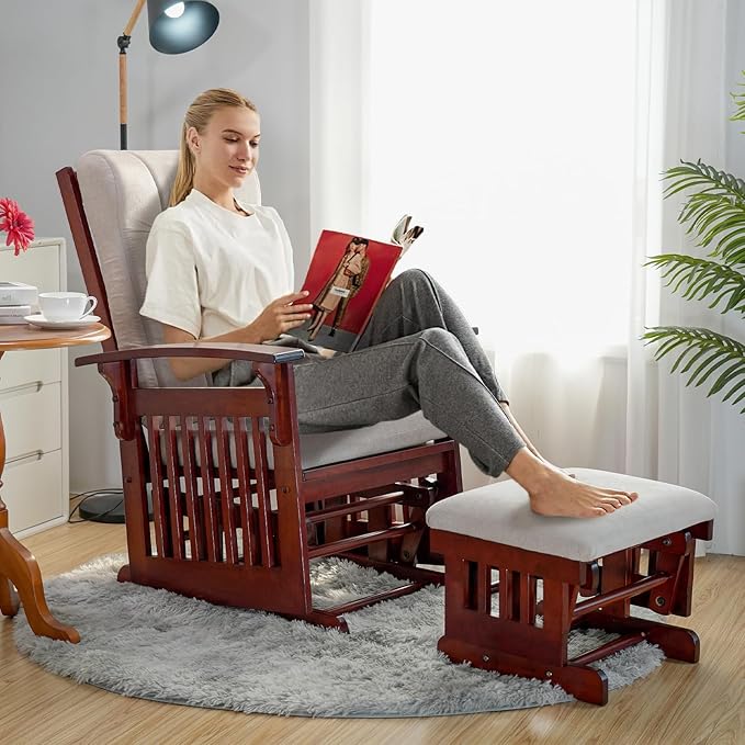 Solid Wood Glider Rocking Chair and Ottoman Set Rustic Nursery Glider Rocker with Padded Cushion Smooth Rocking Motion Indoor Living Room NursingNappingReading Cream