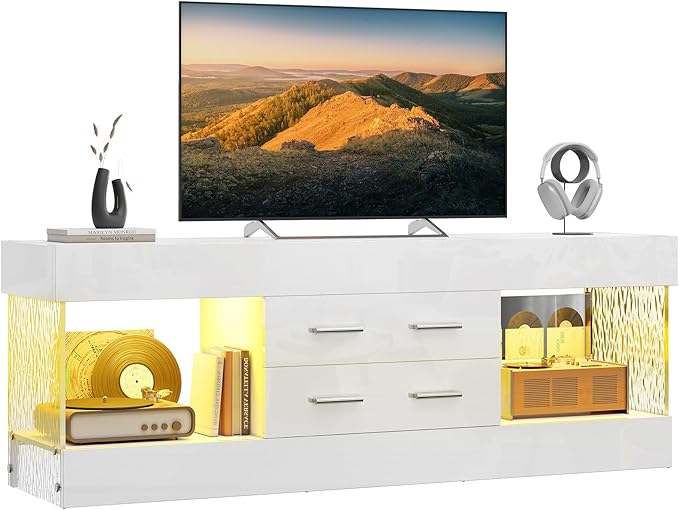 Bestier Modern 60 Inch TV Stand for 65/60/55+ TV High Gloss White Entertainment Center with 2 Drawers &amp LED Lights Stone-Pattern Side Panels TV Consoles for Living Room Bedroom
