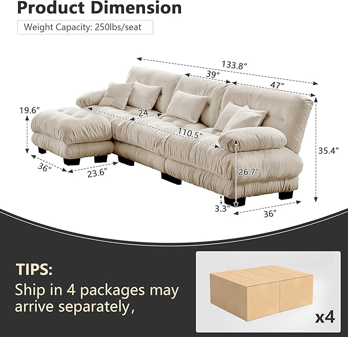 Setawix Luxury Modular Sectional Sofa Couch with Deep SeatOversized L-Shaped 3 Seater Sofas with Curved ArmrestComfy Chenille Cloud Couch for Living RoomLight Coffee