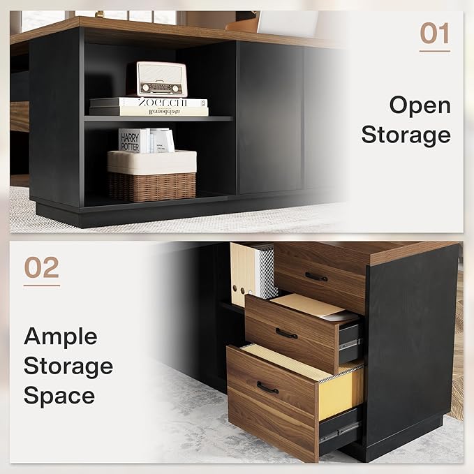 Tribesigns 78 L-Shaped Executive Desk Extra Large Modern Office Desk with Drawers and File Cabinet Business Furniture with Storage Shelves Big Computer Desk for Home Office (Light Walnut + Black)