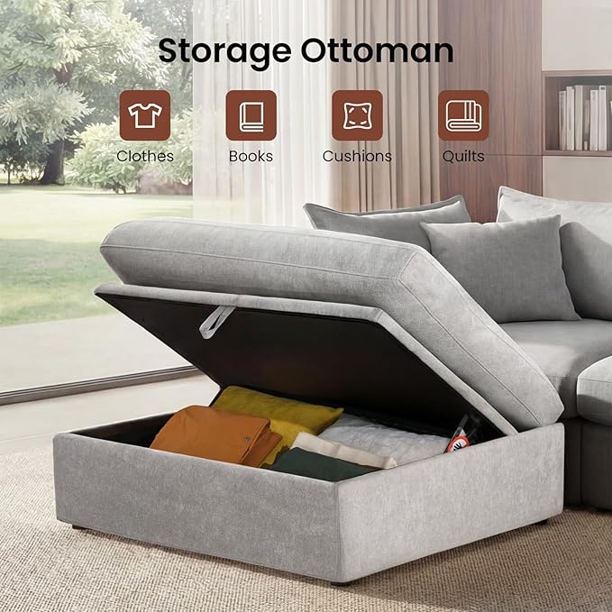 158'' Sectional Couch L-Shape Down Filled Comfy Modular Sectional Sofa with Deep Seat Modular Couch 4 Seater with 4 Pillows &amp 1 Storage Ottoman for Living Room Cover Washable Grey