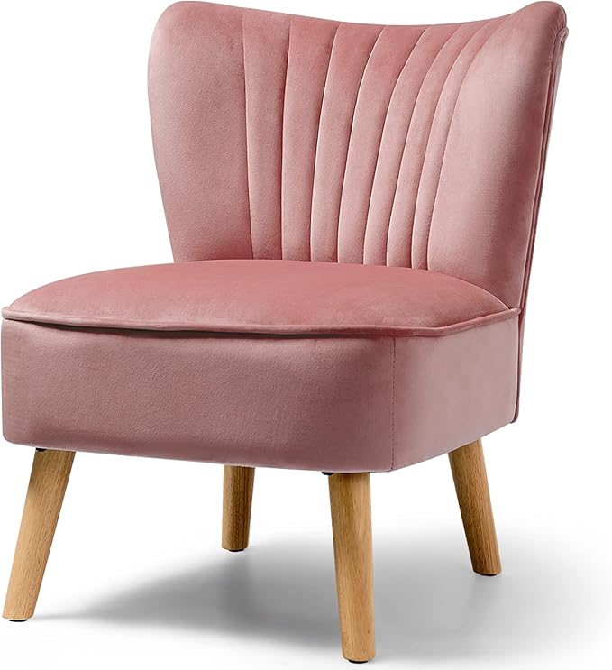 KOTEK Velvet Accent Chair Modern Armless Accent Chair w/Solid Rubber Wood Legs Upholstered Side Chair Club Sofa Chair Slipper Chair for Living Room Bedroom (Pink)