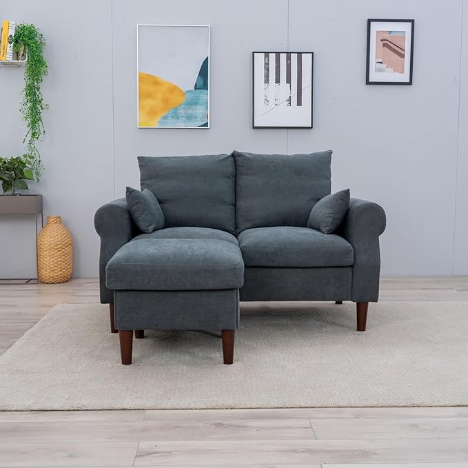Panana Sectional Sofa Couch Loveseat Modern Linen Love Seater Home Furniture with Reversible Footstool for Small Space Living Room (Grey Scroll Arm - Loveseat with Ottoman)
