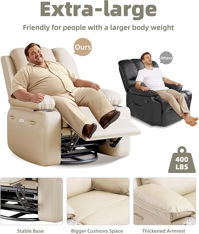Oversized Electric Recliner Chair for Adults Swivel Rocker Recliner with Massage and Heat Pu Leather Single Sofa with Cup Holder and Side Pocket for Living Room Bedroom Creamy