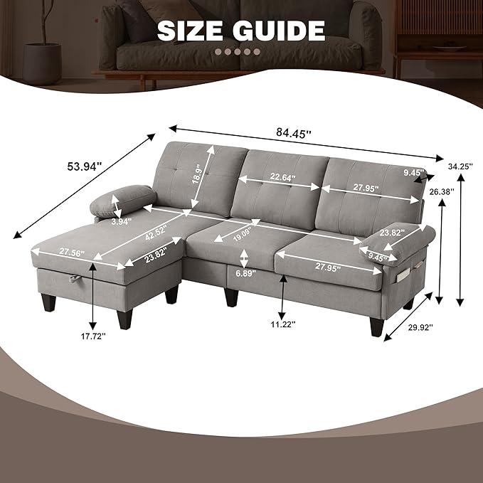 84 Convertible Sectional Sofa Modern Linen Fabric Small L Shaped Couch with Reversible Chaise 3-Seat Sofa Couches for Living Room Apartment and Small SpaceLight Grey