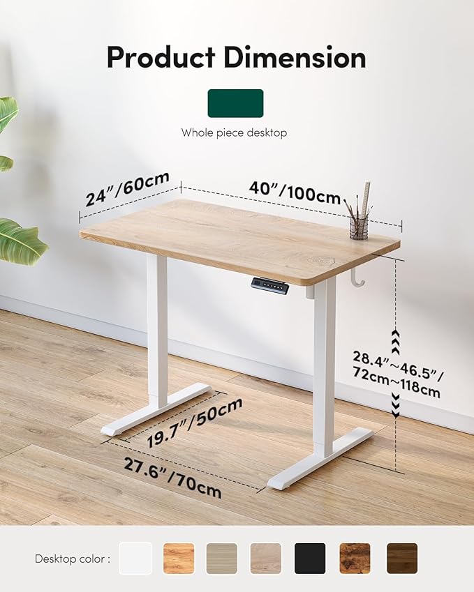 CubiCubi 40 x 24 Small One-Piece Standing Desk Adjustable Height Electric Computer Sit Stand up Home Office Workstation with 4 Memory Presets Headphone Hook Maple